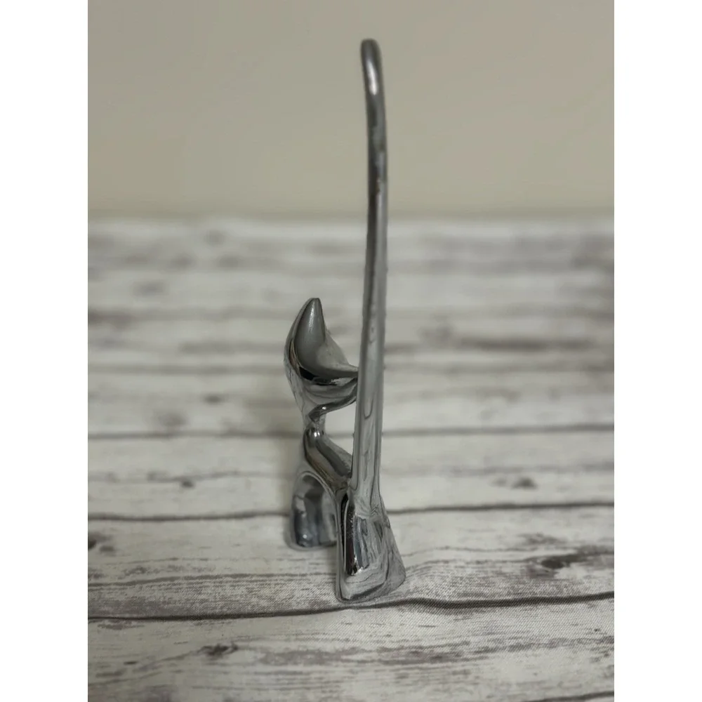 Vintage MCM Metal Silver Tone Kitty Cat Ring Holder Rhinestone Eyes Long Tail